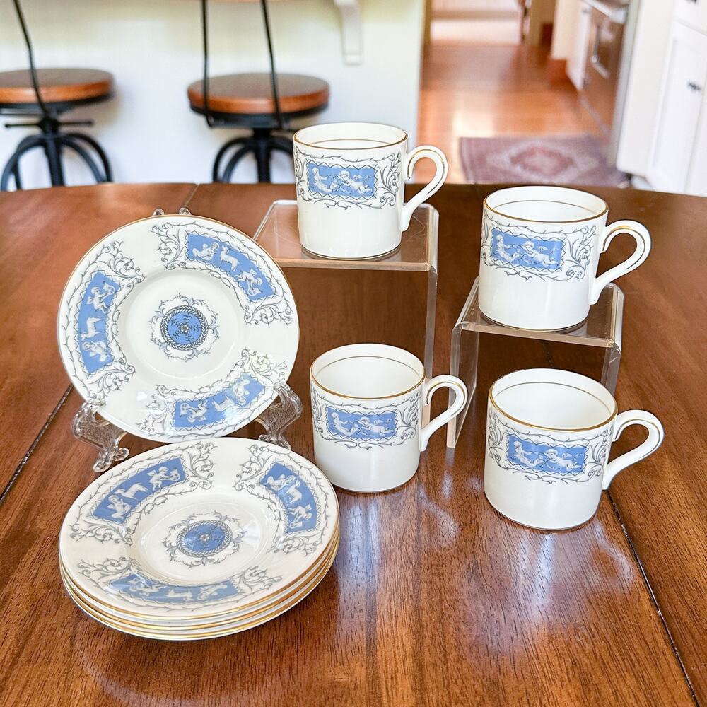 Coalport Revelry Demitasse Coffee Cups Saucers Set of 4 Cupid Scrolls Grey Blue - Picture 8 of 13